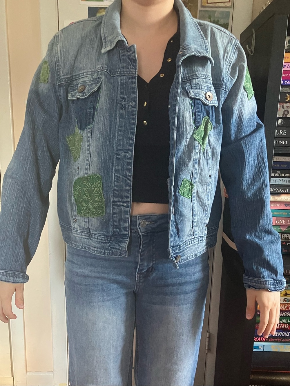 Fashion Bug Blue Denim Jean Jacket with Green Patchwork